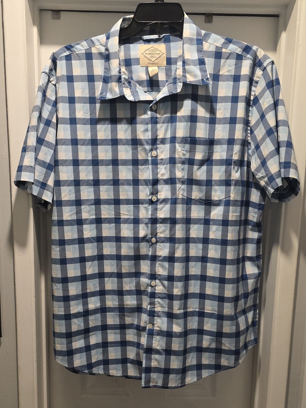 St. John's Bay Blue and White Plaid Short-Sleeve Button-Down Shirt